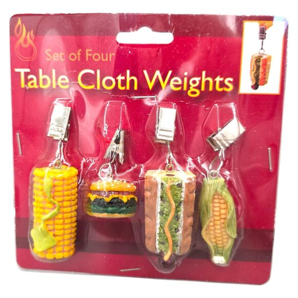 Vintage Tablecloth Weights Set of 4 Backyard BBQ Theme Burger Corn Cob Hotdog - Picture 1 of 5